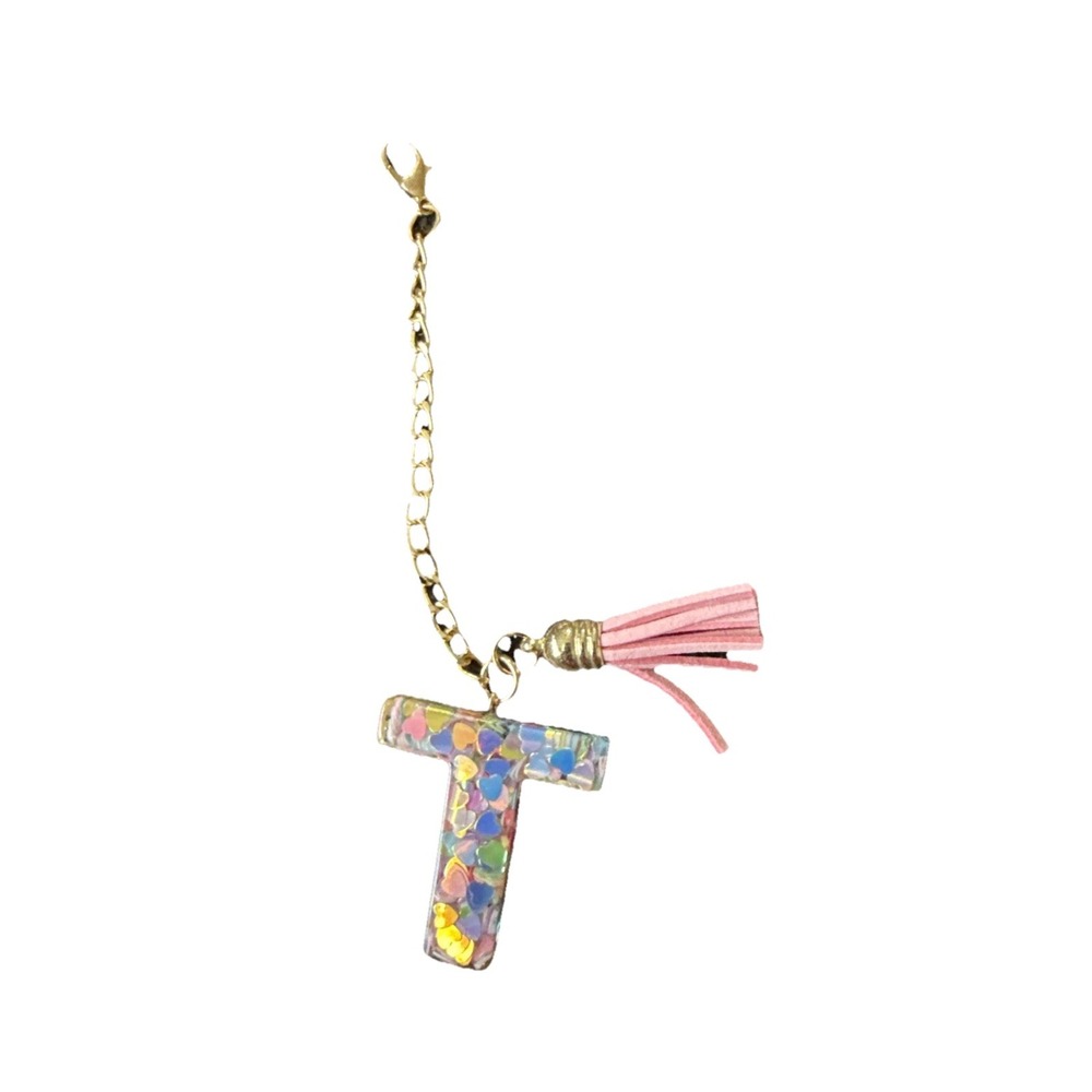 Letter T  Alphabet Initial Letter Keychain Charm with Tassel‎ Butterfly Pink B2